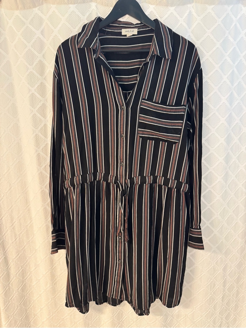 women's multi-colored vertical striped button-up shirt by the brand Sandy & Sid